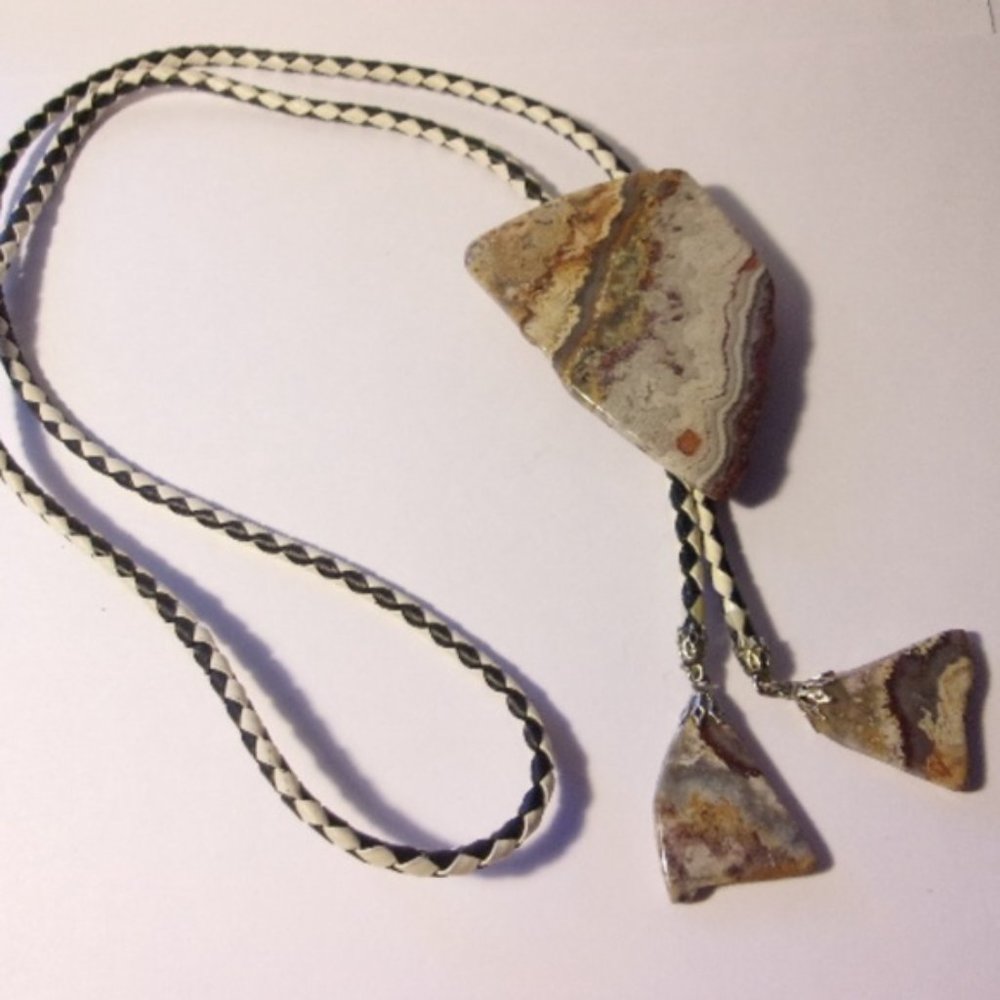 "Vtg Stone Bolo Tie Black White Braided Cord "